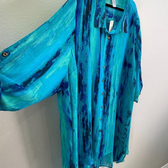 NEW Catherines Womens Plus 5X Button Up Tunic Top Mid Length Roll Tab Sleeve - Picture 5 of 11